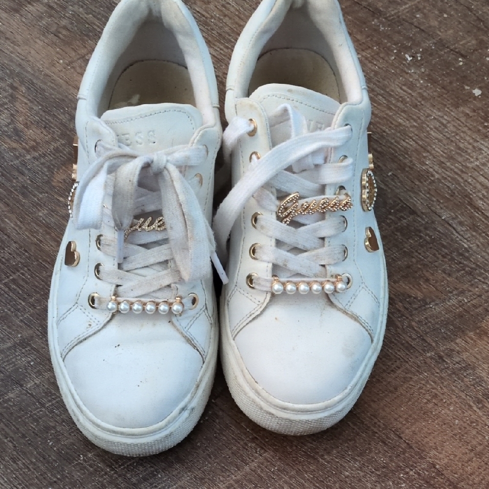 Guess White Sneakers with Gold and Pearl Details